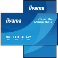 Iiyama LH8664UHS-B3AG digital signage display, 86-inch, blue screen with white text, slim black bezel.