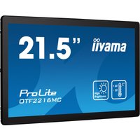 Black Iiyama 21.5" Full HD LCD touchscreen monitor with slim bezels and blue display showing model and features.