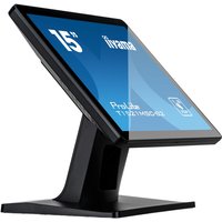 Black iiyama 15" touchscreen monitor with a sleek stand and angled display showing blue screen with white text.