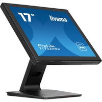 Black iiyama ProLite 17" LED touchscreen monitor with sleek tabletop stand and blue display screen.