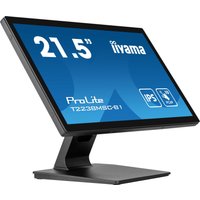 Black iiyama ProLite 21.5" monitor, Full HD LED touchscreen, sleek design with sturdy stand, blue display screen.