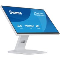 White iiyama ProLite T2252MSC-W2AG monitor, 21.5-inch touchscreen, sleek stand, blue display screen.