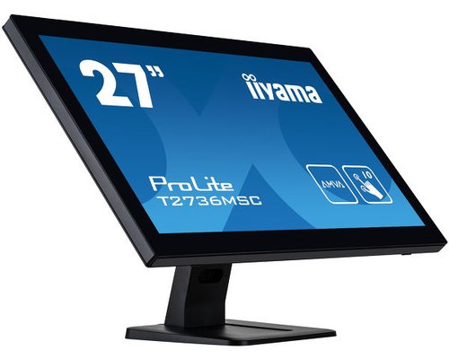 27-inch Iiyama ProLite T2752MSC-B1 touchscreen monitor with a sleek black design, featuring Full HD 1920 x 1080 resolution and a sturdy stand.