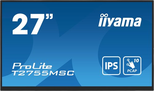 27-inch black Iiyama ProLite T2755MSC-B1 monitor with Full HD 1920 x 1080 resolution, touchscreen capability, and IPS technology, featuring a sleek tabletop design.
