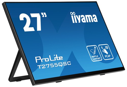 27-inch Iiyama ProLite touchscreen monitor with a sleek black frame, featuring a vibrant blue display, 2560 x 1440 resolution, and icons indicating touch capabilities.