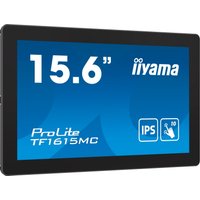 Black Iiyama ProLite TF1615MC-B1 touchscreen monitor, 15.6" Full HD display, blue screen with logos and text.