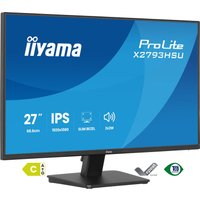 Black Iiyama 27" monitor with slim bezels, Full HD LED display, and rectangular stand.