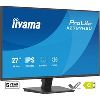 Black iiyama ProLite 27" monitor with slim bezels, IPS display, and adjustable stand.