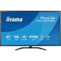 Black iiyama ProLite 42.5" 4K Ultra HD monitor with slim bezel and sturdy stand, displaying blue screen with specs.