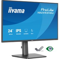 Black Iiyama ProLite monitor, 23.8" Full HD LED, slim bezels, adjustable stand, blue screen displaying model details.