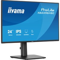 24" iiyama ProLite monitor with slim black bezel, adjustable stand, and blue screen displaying model details.