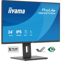 Black iiyama ProLite XB2497HSN-B1 23.8" monitor with slim bezels, IPS display, adjustable stand, and blue screen graphics.