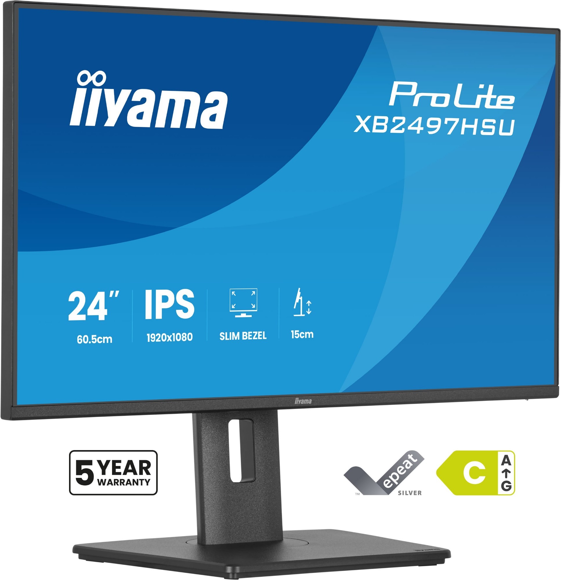 Black 23.8" Iiyama ProLite monitor with a slim bezel, 1920x1080 Full HD resolution, IPS panel, and a sturdy stand, featuring a 5-year warranty label.