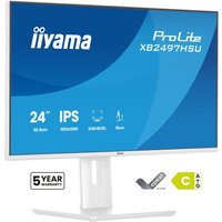 White iiyama ProLite monitor, 23.8" Full HD LED, slim bezel, adjustable stand, blue screen with branding.