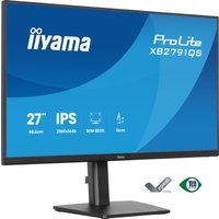 27" iiyama ProLite XB2791QS-B1 QHD monitor with slim bezels, adjustable stand, and blue screen displaying specs.