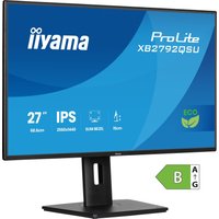 Black Iiyama 27" Quad HD LED monitor with slim bezels, adjustable stand, and eco-friendly label on screen.
