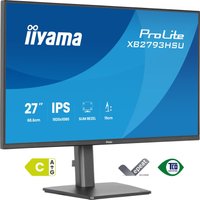 Black Iiyama ProLite 27" monitor, Full HD LED display, slim bezels, adjustable stand, blue screen with specs.