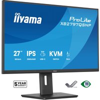 27" iiyama ProLite monitor with black frame, adjustable stand, IPS display, and KVM switch feature.