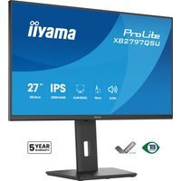 Black Iiyama ProLite monitor, 27-inch, Quad HD, slim bezels, adjustable stand, blue screen with product details.
