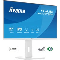 White Iiyama ProLite 27" monitor with slim bezels, 2560x1440 resolution, and adjustable stand.
