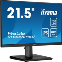 Black Iiyama ProLite monitor, 21.5" Full HD LED, slim bezels, rectangular stand, blue screen with specs displayed.