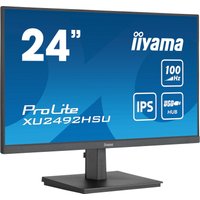 Black Iiyama ProLite XU2492HSU-B6 monitor, 23.8" Full HD LED, slim bezels, rectangular stand, blue screen with specs.
