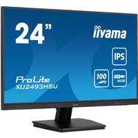 Black Iiyama ProLite XU2493HSU-B7 monitor, 23.8" Full HD LED, slim bezel, rectangular stand, blue screen display.