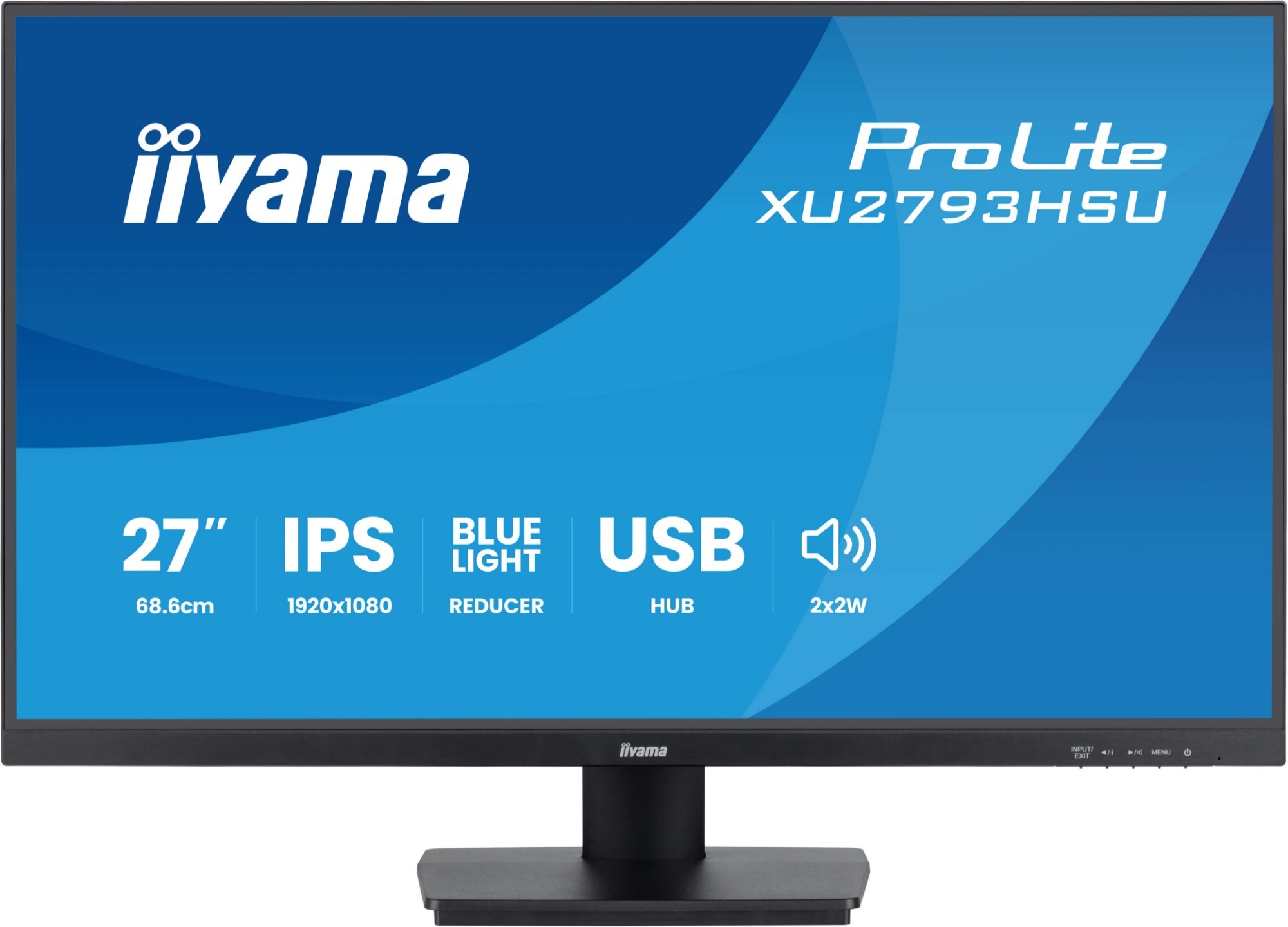 27-inch Iiyama ProLite XU2793HSU-B7 monitor with Full HD 1920x1080 resolution, black bezel, IPS panel, blue light reducer, and USB hub features.