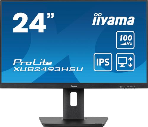 23.8-inch Iiyama ProLite XUB2493HSU-B6 monitor with a sleek black frame, Full HD resolution, IPS technology, and on-screen display buttons.