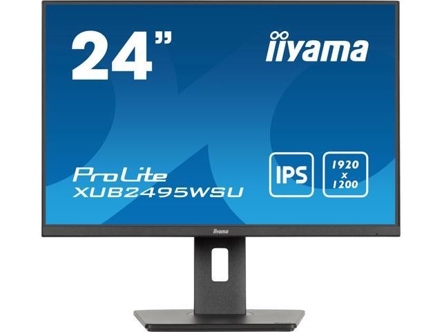 Black Iiyama ProLite XUB2495WSU-B7 monitor featuring a 24.1-inch screen, WUXGA resolution of 1920 x 1200 pixels, and a sleek design with a sturdy stand.