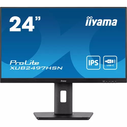 Iiyama ProLite XUB2497HSN-B2 monitor features a sleek black design, 23.8-inch Full HD display with 1920 x 1080 resolution, and USB-C connectivity.