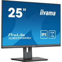 Black iiyama ProLite 25" monitor with slim bezels, WUXGA 1920x1200 resolution, LED display, and adjustable stand.