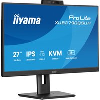 iiyama ProLite XUB2790QSUH-B2 monitor, 27" display, slim bezels, black stand, blue screen with specs, webcam on top