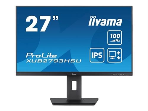 27-inch Iiyama ProLite XUB2793HSU-B7 monitor with a sleek black frame, Full HD 1920 x 1080 resolution, IPS display, and a stand featuring a central mounting point.