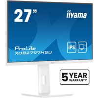 White iiyama ProLite 27" Full HD LED monitor with slim bezels, adjustable stand, and 5-year warranty badge.
