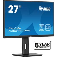 Black Iiyama 27" LED monitor, Quad HD 2560x1440 resolution, slim bezel, adjustable stand, 5-year warranty badge.
