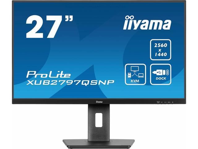 27-inch Iiyama ProLite XUB2797QSNP-B1 monitor featuring a sleek black design, Quad HD resolution of 2560 x 1440 pixels, and a modern stand with KVM and docking capabilities.