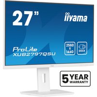 White iiyama ProLite XUB2797QSU-W2 27" Quad HD monitor with slim bezel and adjustable stand, 5-year warranty badge.