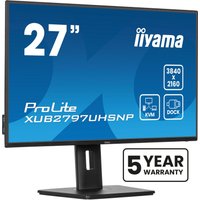 Black Iiyama 27" 4K Ultra HD LED monitor with slim bezels, rectangular base, and 5-year warranty badge.