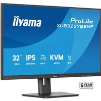 Black Iiyama 32" Quad HD LED monitor with slim bezels, adjustable stand, and blue screen displaying specs and logo.