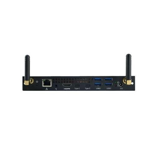 Black metal PC/workstation with Intel® Core™ i3 I3-1220P, featuring multiple ports including HDMI, USB, and Ethernet, and two external antennas for connectivity.
