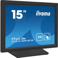 Black iiyama 15" LCD touchscreen monitor, model T1531SR-B1S, with blue display showing brand and model details.