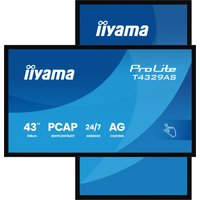 Iiyama T4329AS-B1AG monitor, 42.5", 4K resolution, black bezel, blue screen with logo and model details.