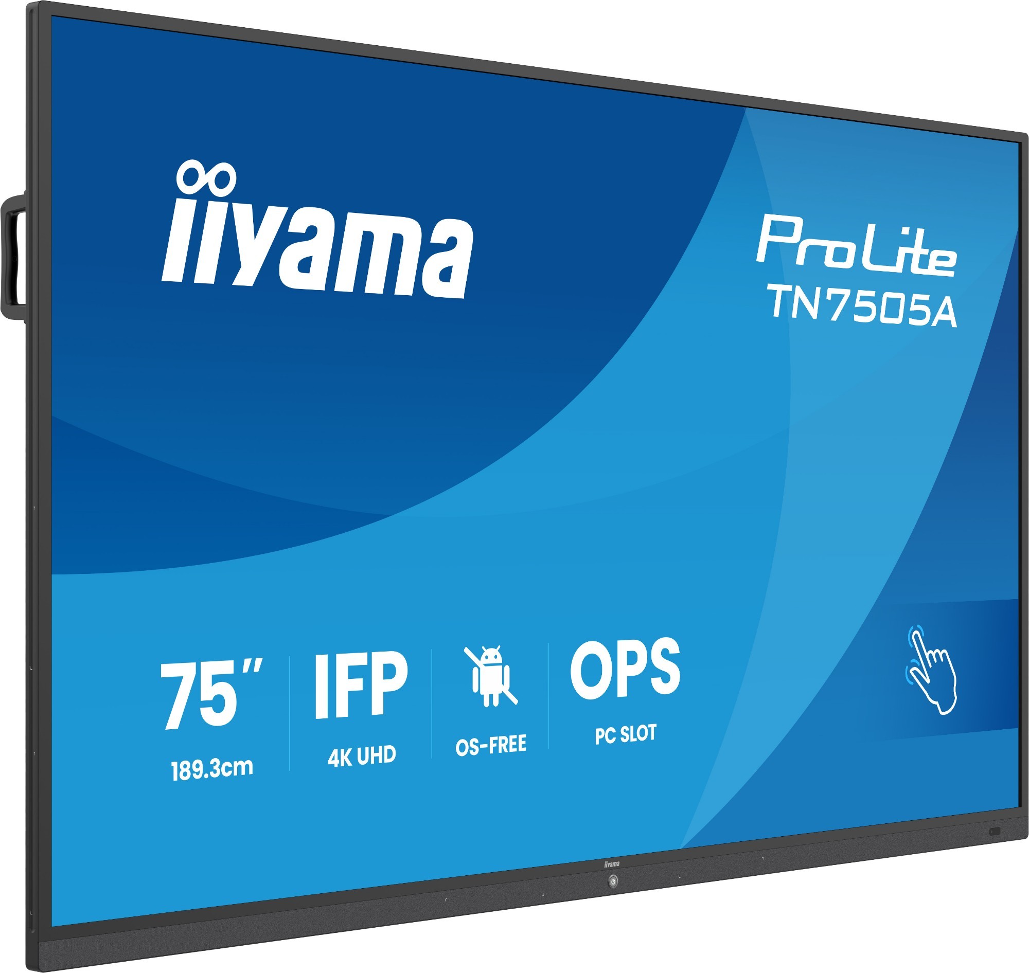 Iiyama ProLite TN7505A-B1AG signage display features a 74.5-inch screen, 4K resolution, 500 CD/m² brightness, sleek black frame, and user-friendly interface with touch capabilities.