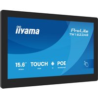 Black Iiyama 15.6" Full HD LED touchscreen monitor with blue display screen showing model and features.
