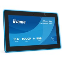 Black Iiyama 15.6" meeting room display with blue trim, touchscreen, and RGB features, model TW1625LASC-B3PNR.
