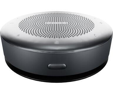 Round black Bluetooth conference speaker with a metallic finish, featuring perforated speaker grill, control buttons on the top, and a compact design for portability.