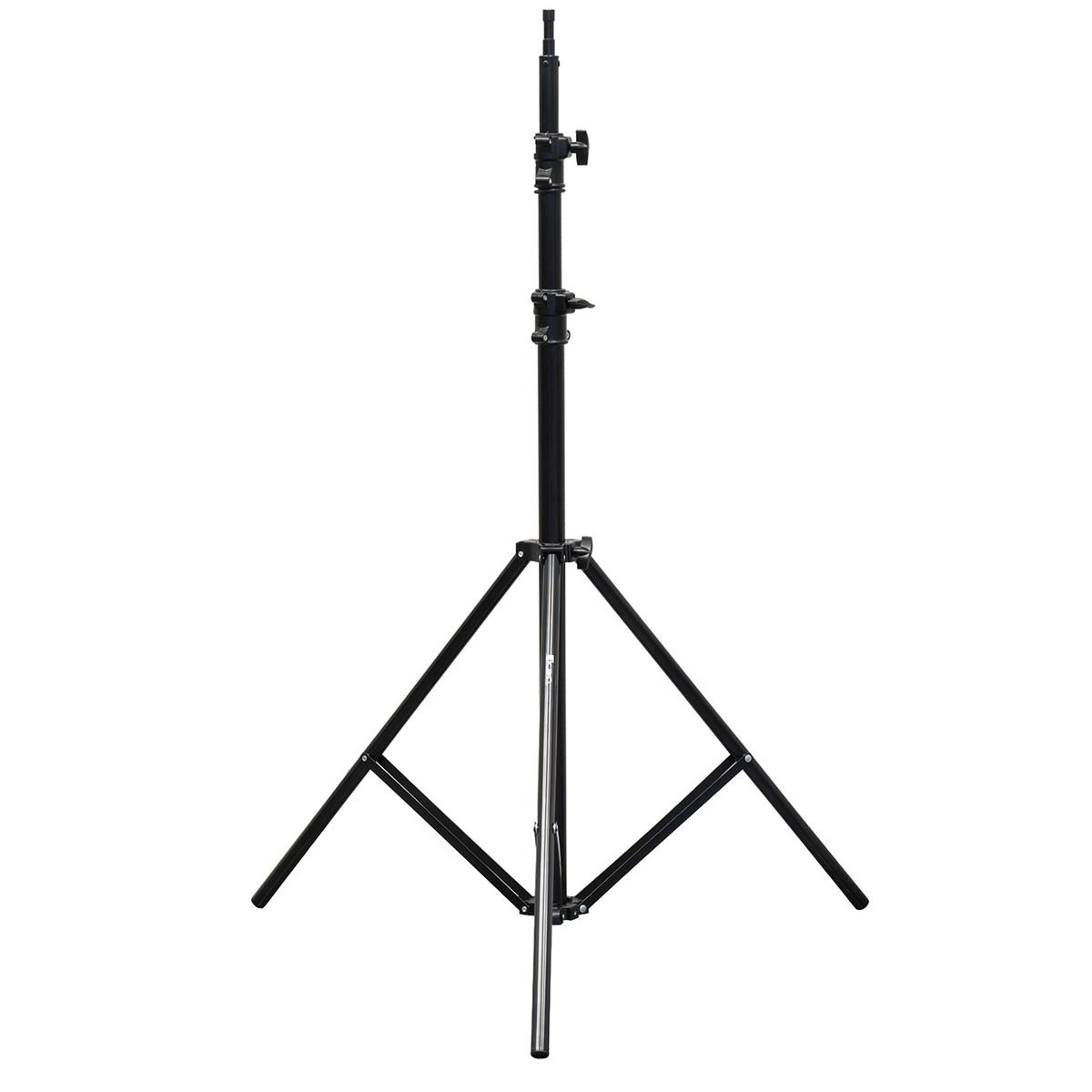 Black aluminum tripod stand with adjustable height, featuring a sturdy three-legged base and a locking mechanism for stability.