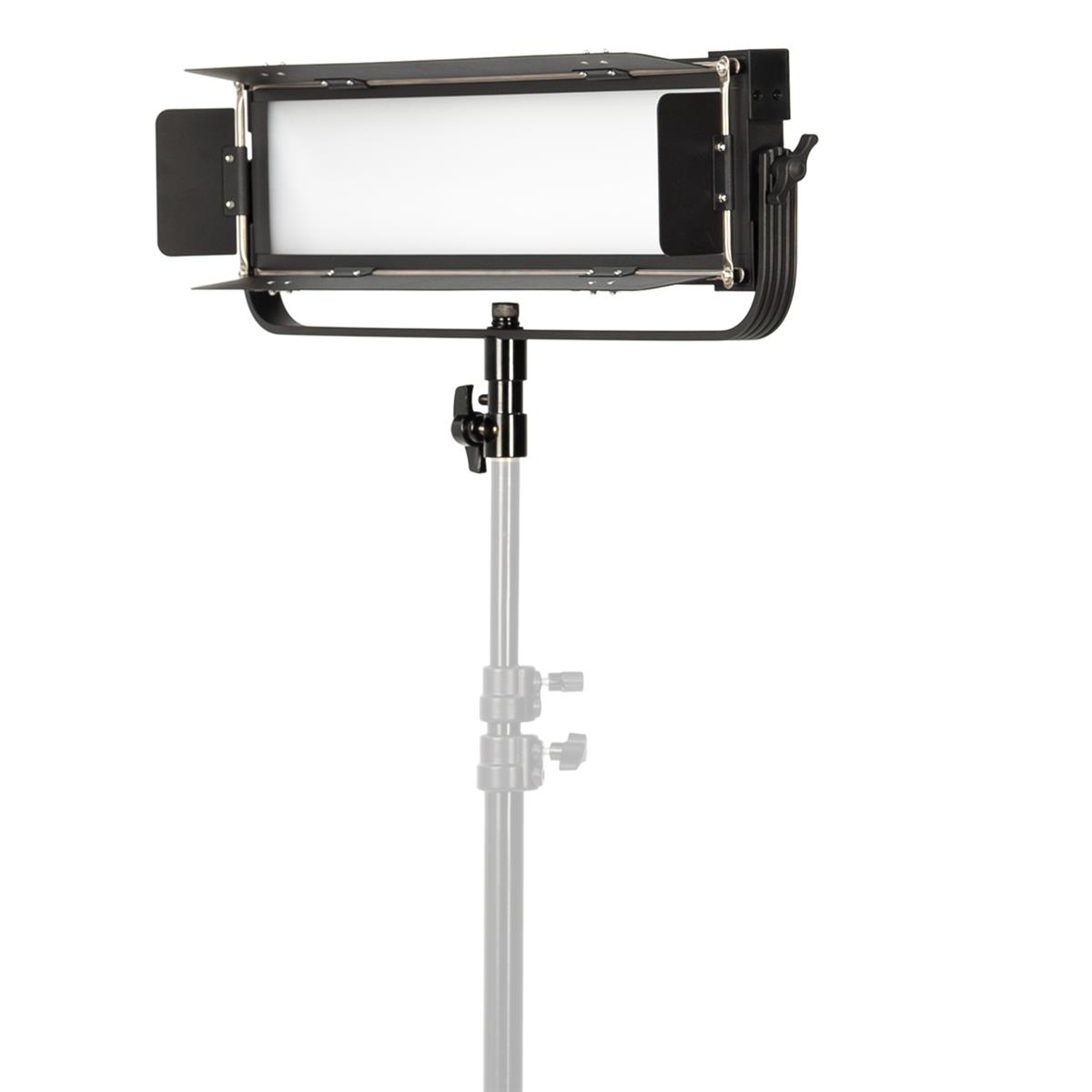 Low profile bi-color studio light featuring a rectangular white panel, adjustable barn doors, and a sturdy metal frame mounted on a tripod stand.