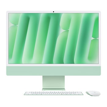 24-inch green Apple iMac with a 4.5K Retina display, featuring a sleek design, a matching keyboard, and a mouse, all set against a soft green background.